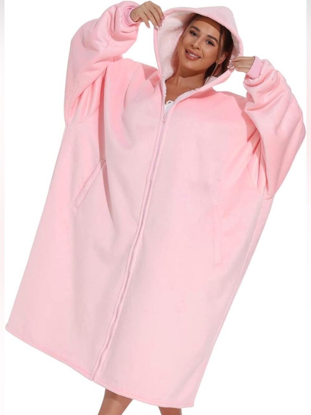 Pink Wearable Blanket Hoodie Oversized Sherpa Zip Up Cozy Lounge Comfy